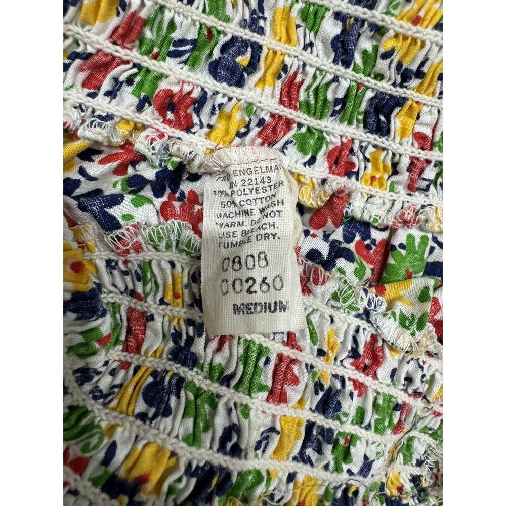 Vintage 1970s FRED ENGELMAN Smocked White Floral Poly Cotton Maxi Dress Sz M - Picture 4 of 7
